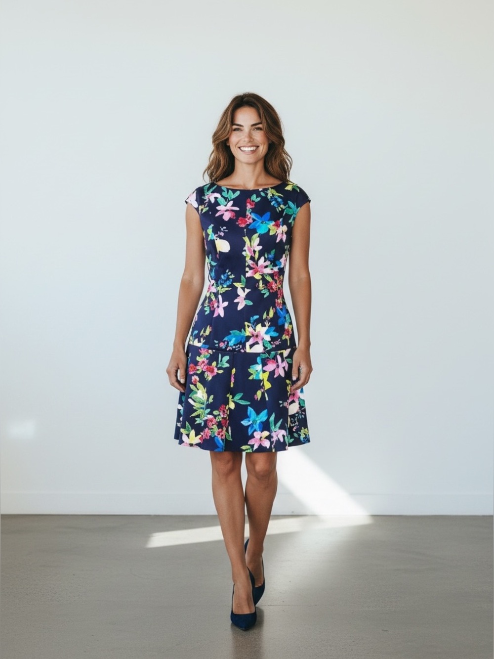 Chaps Black Floral Fit & Flare Scuba Dress 6 Small